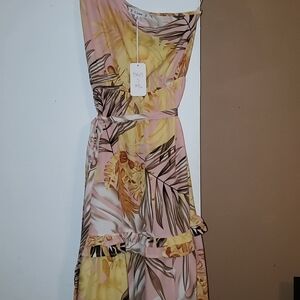 Yellow and Brown Tiered One Shoulder Sundress